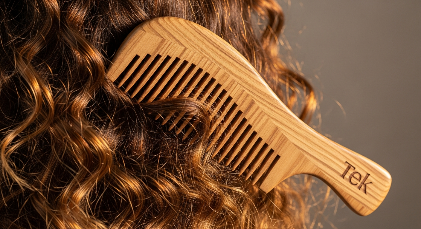 Tek Wide-Tooth Wooden Detangling Comb displayed with water droplets on natural wood surface