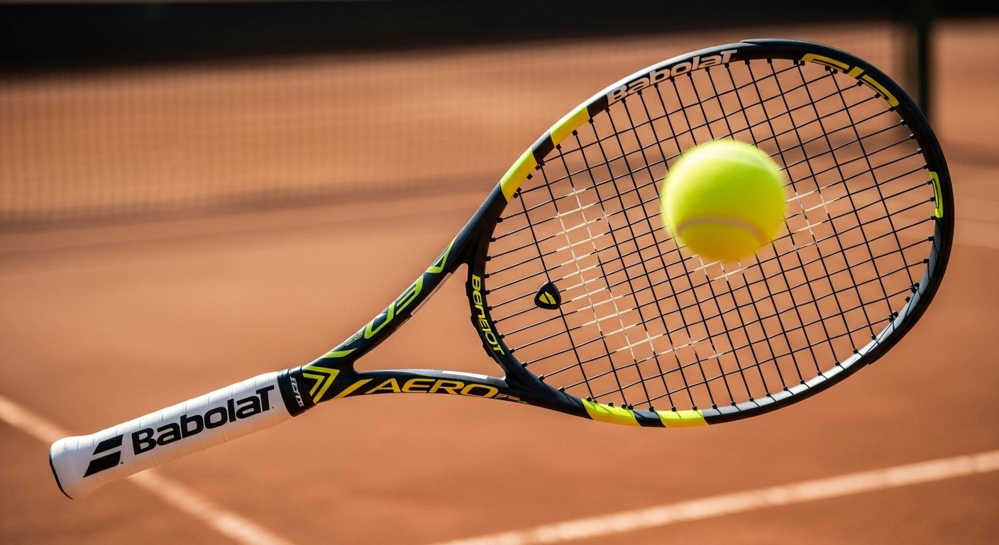 Babolat Pure Aero tennis racquet displayed with spin technology graphics and aerodynamic frame design
