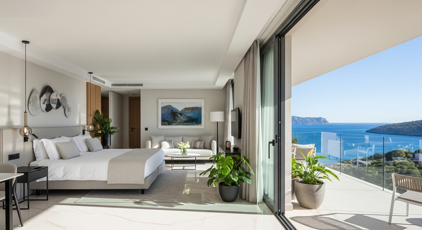 Luxurious modern hotel suite with round bed and elegant design elements