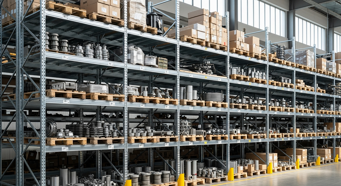Heavy duty rivet racking shelving system with multiple tiers storing tools and equipment in a garage workshop
