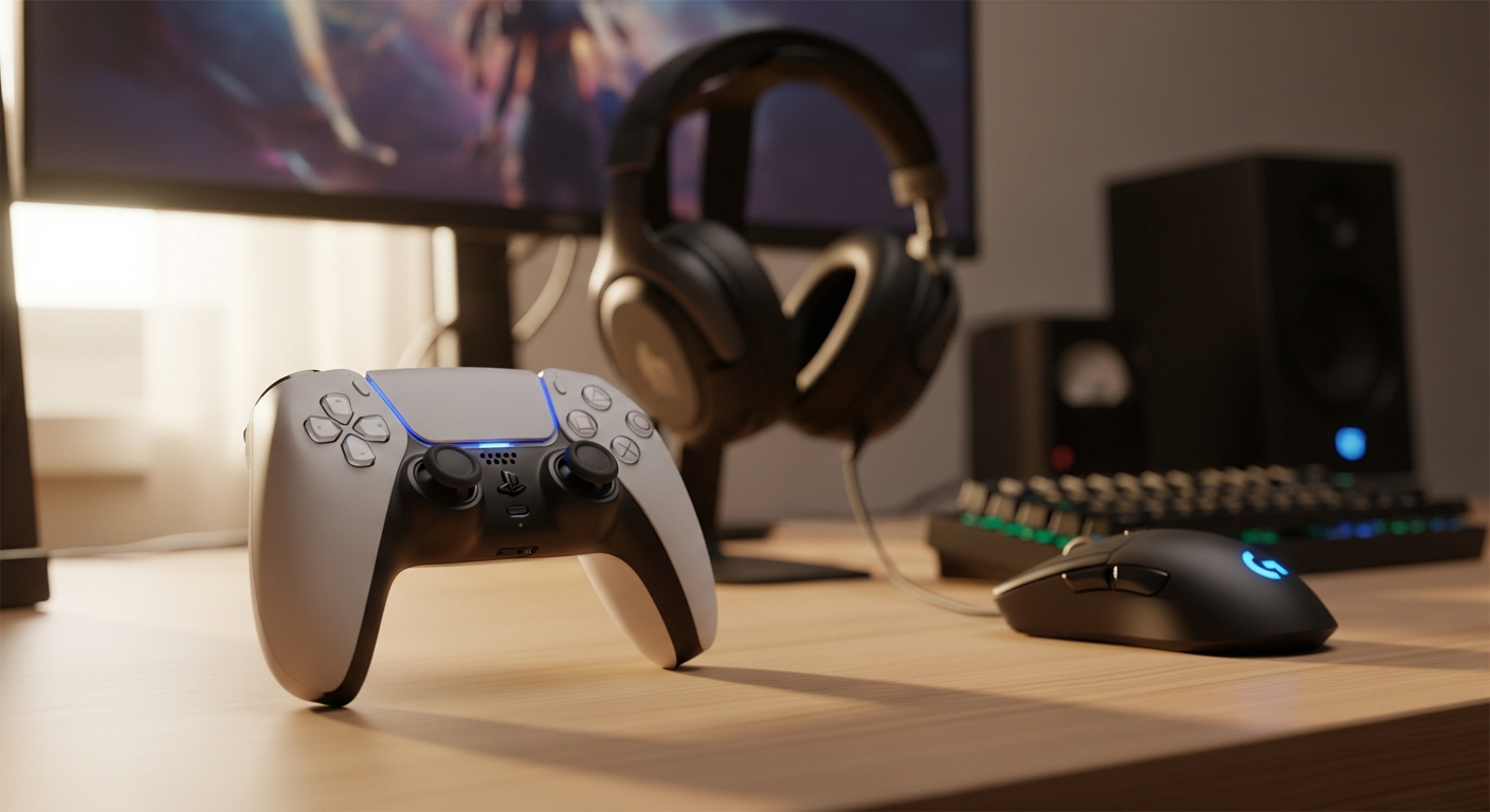Sony DualSense Wireless Controller for PS5 with haptic feedback technology displayed