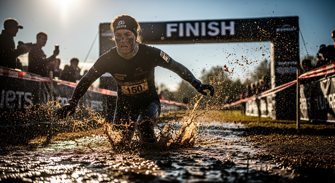 Tough Mudder 15K obstacle course participants covered in mud conquering iconic obstacles together