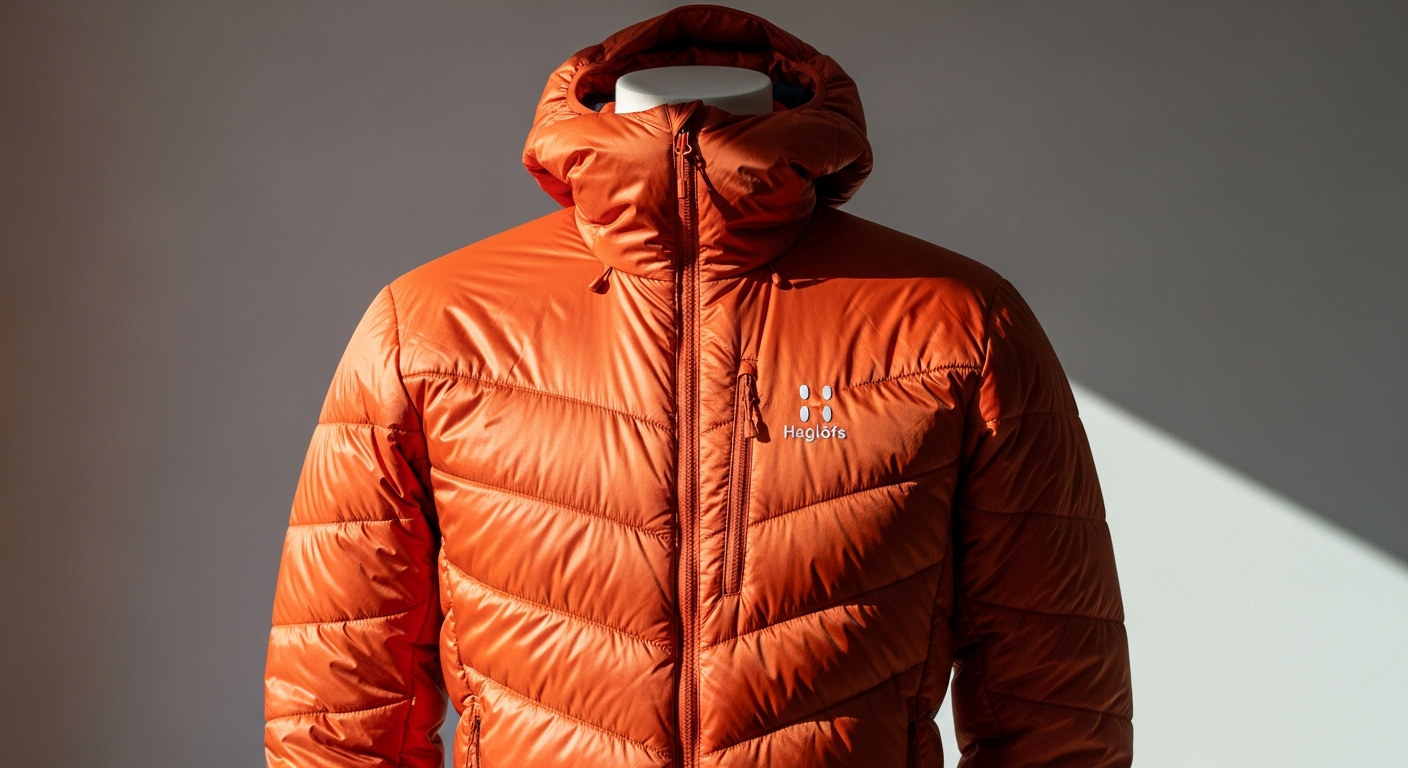 Haglöfs Mimic Alert hiking jacket displayed on outdoor terrain with mountains