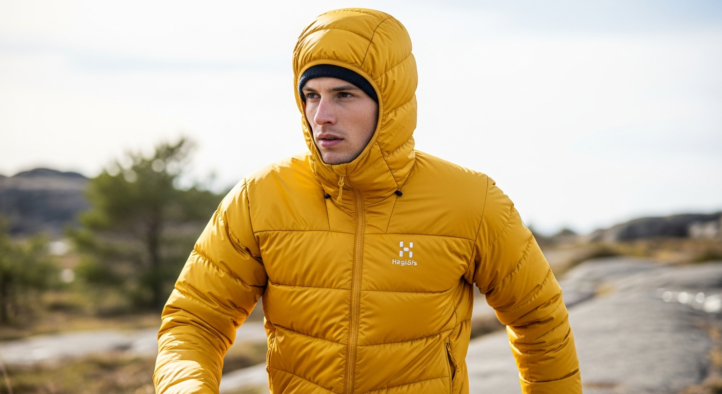 Haglöfs Mimic Alert Insulated Jacket in Tarn Blue displayed on outdoor terrain