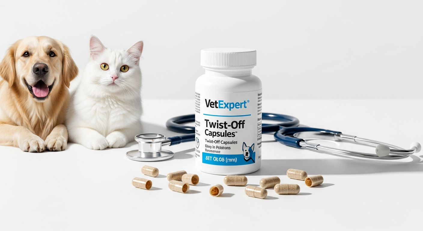 VetExpert Multivitamin Twist-Off Capsules displayed with pet supplement ingredients and healthy dog