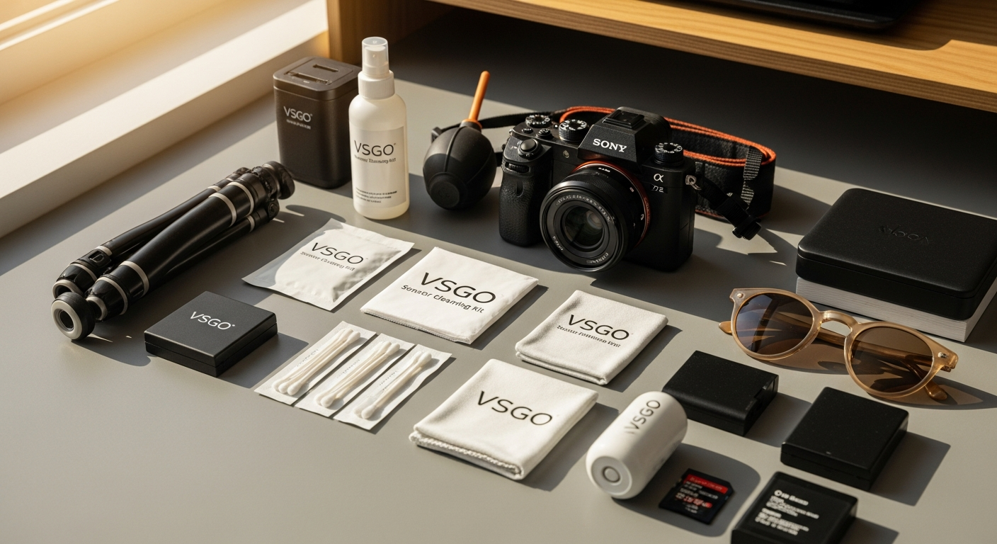 VSGO camera sensor cleaning kit components displayed with swabs and cleaning solution bottle