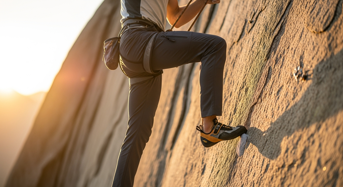 Climber wearing performance climbing pants on outdoor rock face