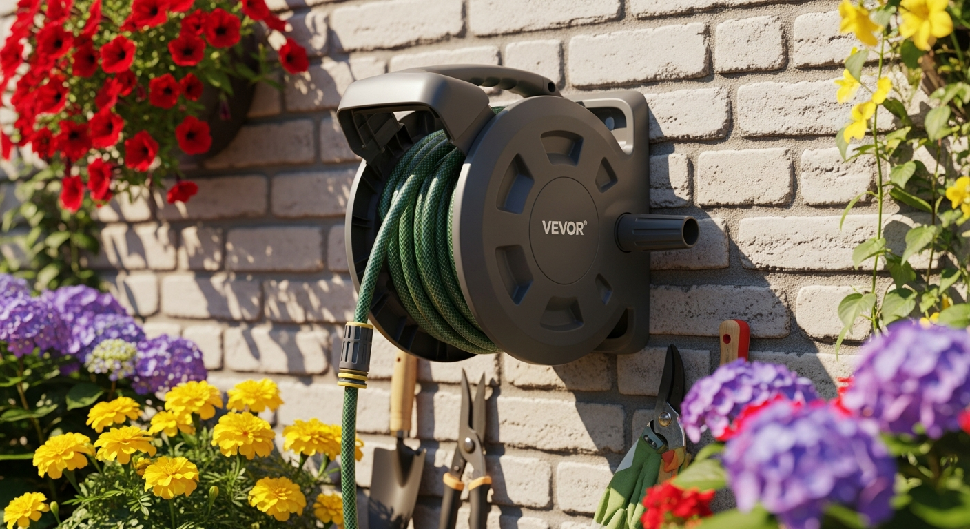 VEVOR retractable garden hose reel mounted on brick wall with swivel bracket