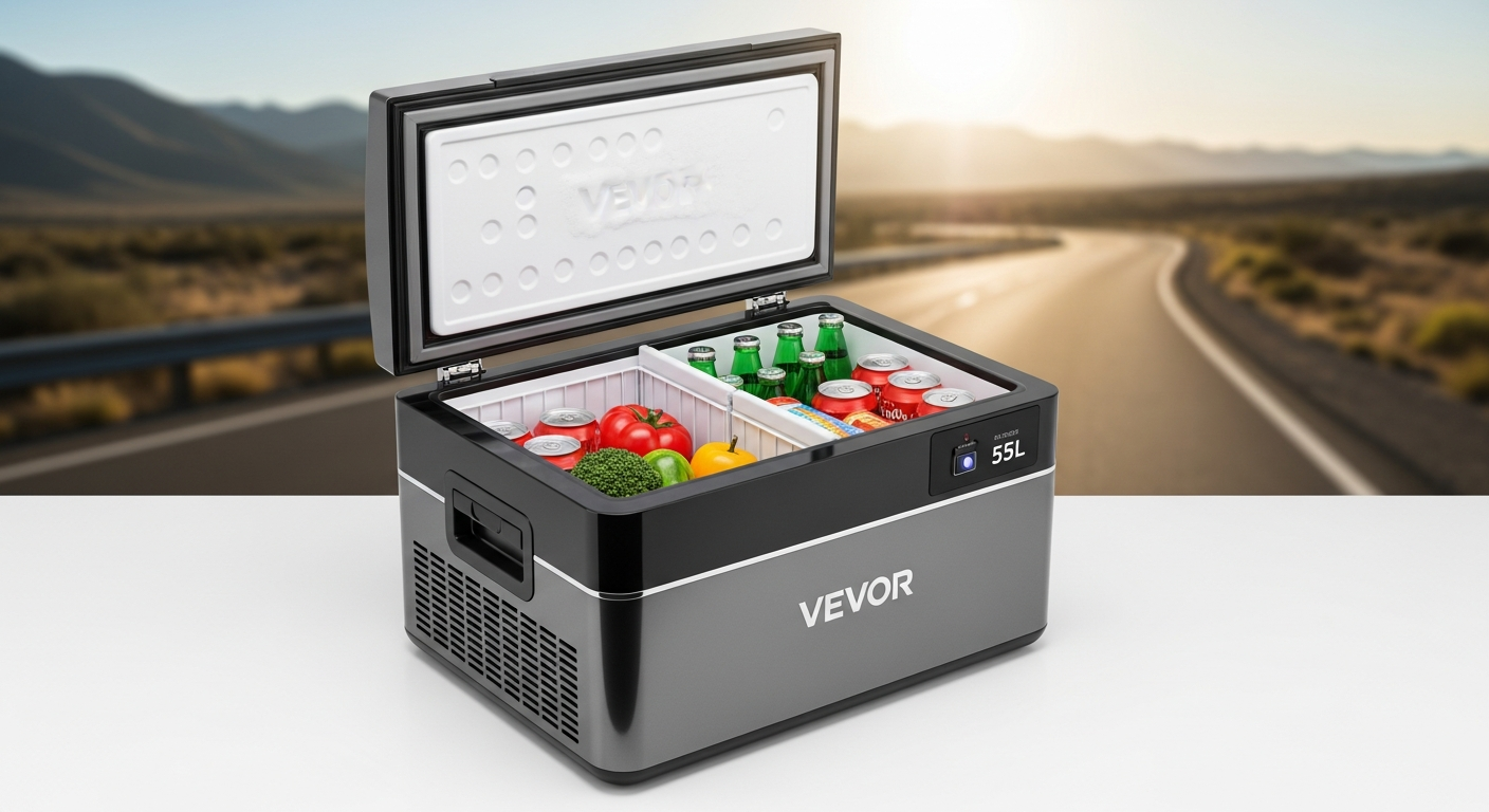 VEVOR 55L portable car fridge freezer with dual-zone cooling displayed in vehicle cargo area
