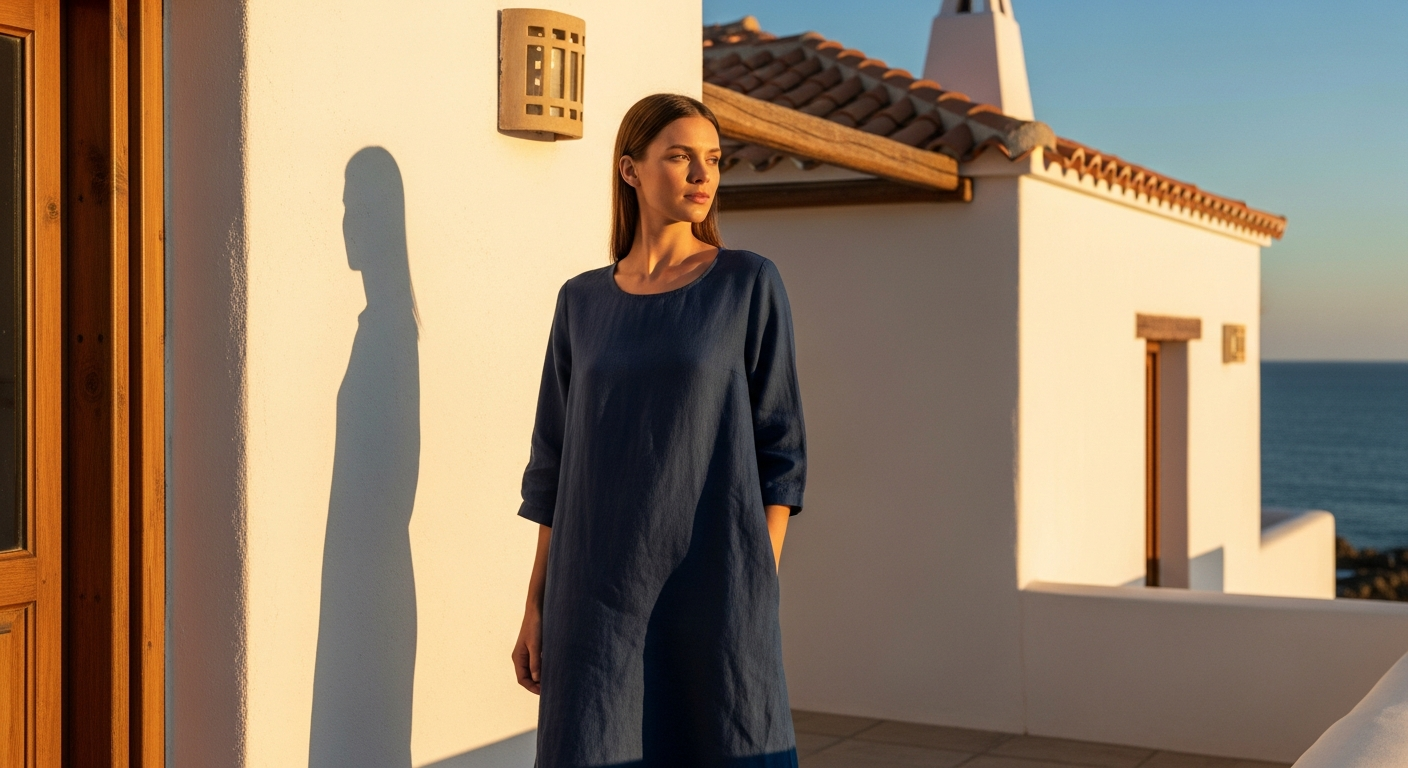 Marta Indigo Tunic Dress from White Stuff on model showing oversized flattering fit