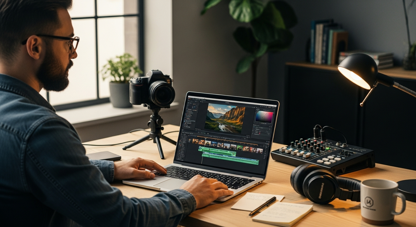 Wondershare Filmora AI video editor interface with timeline and effects library displayed
