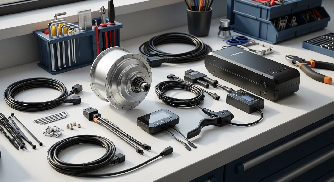 Yose Power E-Bike conversion kit components including motor, battery, and controller displayed together