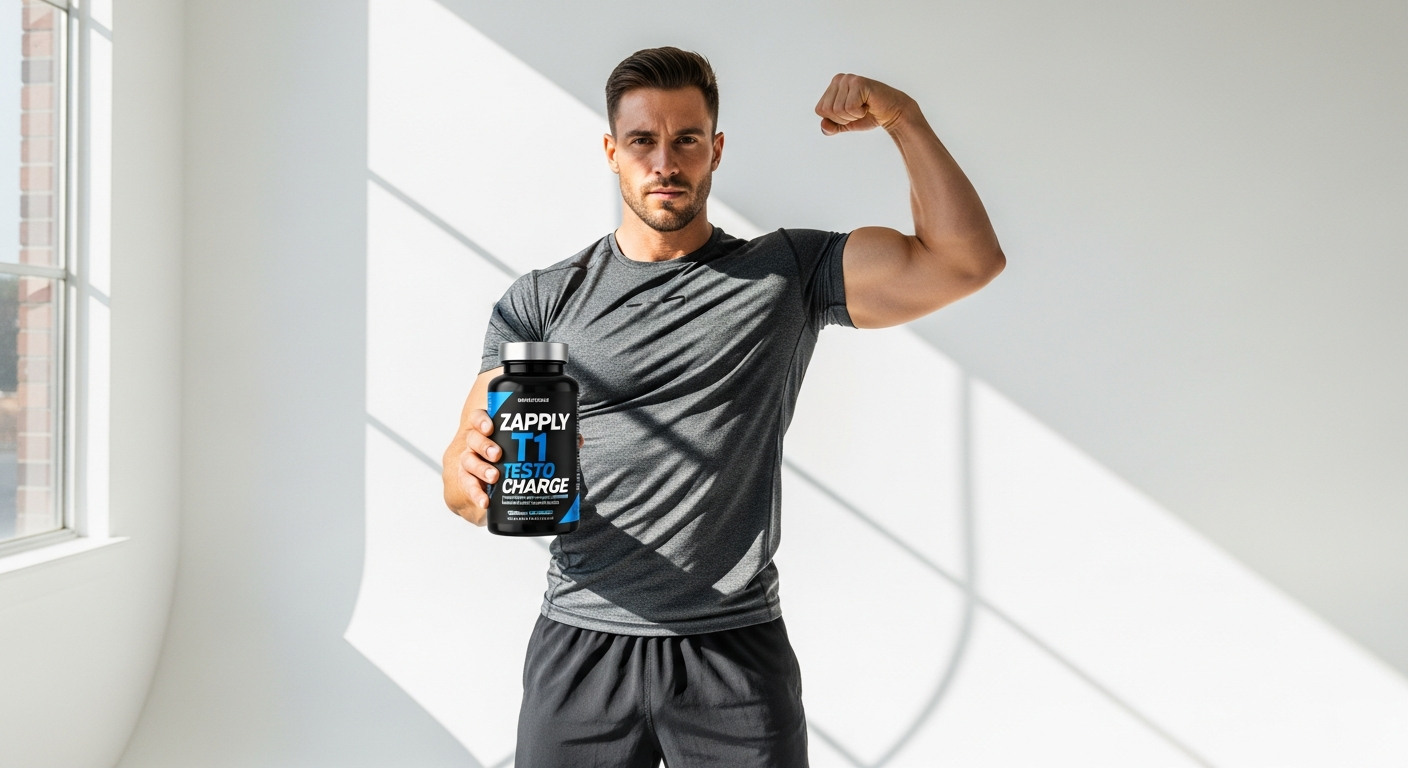 Zapply T1 Testo Charge male performance supplement bottle with key ingredients displayed