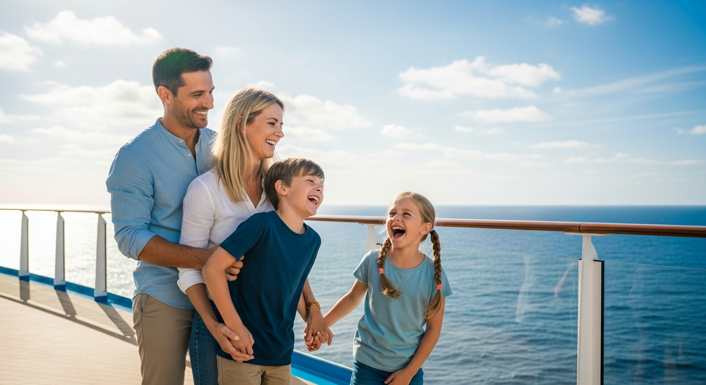 Family enjoying AIDA cruise ship deck with ocean view and entertainment activities