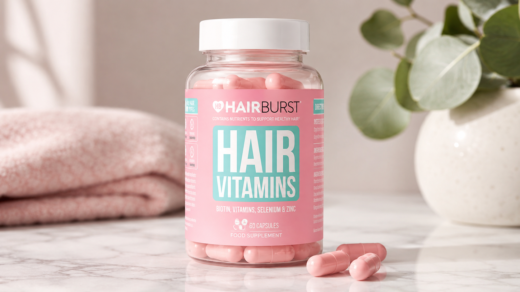 Hairburst Hair Vitamins bottle with biotin, vitamins, selenium and zinc capsules on a marble surface, supporting healthier hair growth and stronger hair.