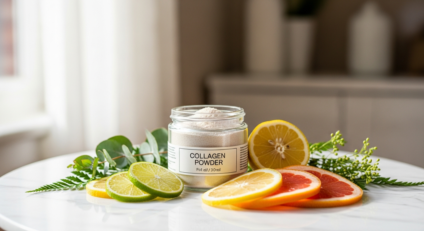 Glow25 Collagen Powder Original with Vitamin C supplement container and scoop