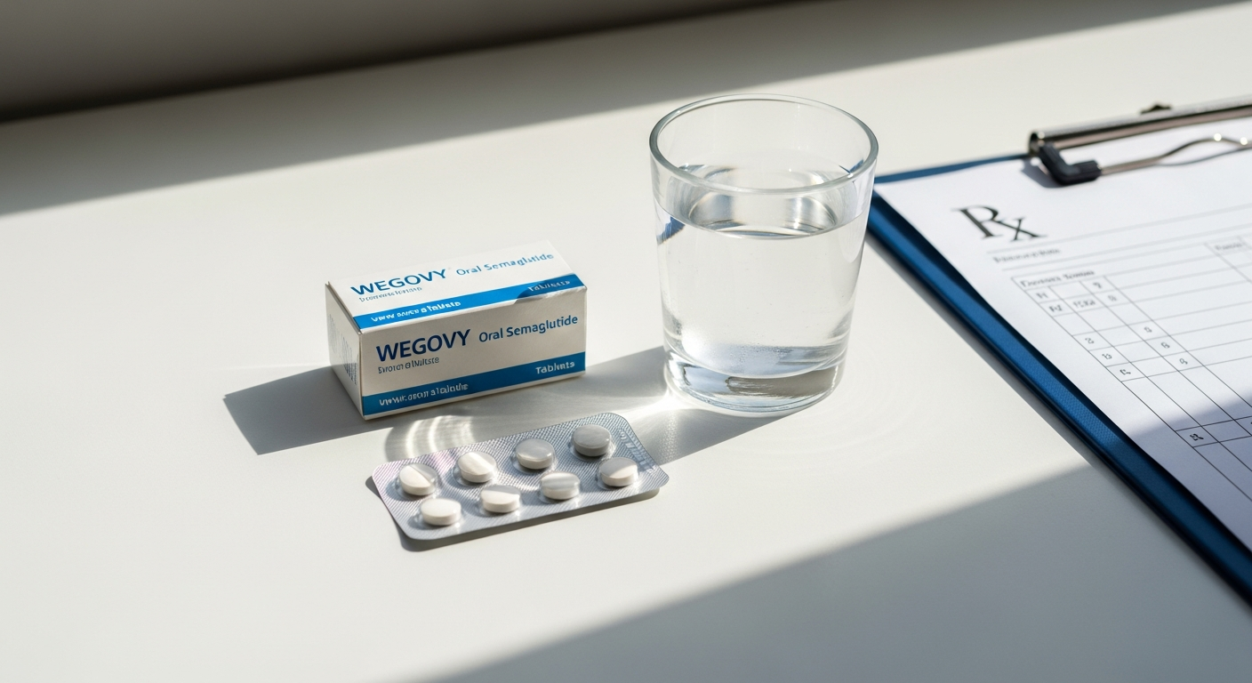 Wegovy oral semaglutide weight loss tablets displayed with clinical trial results chart