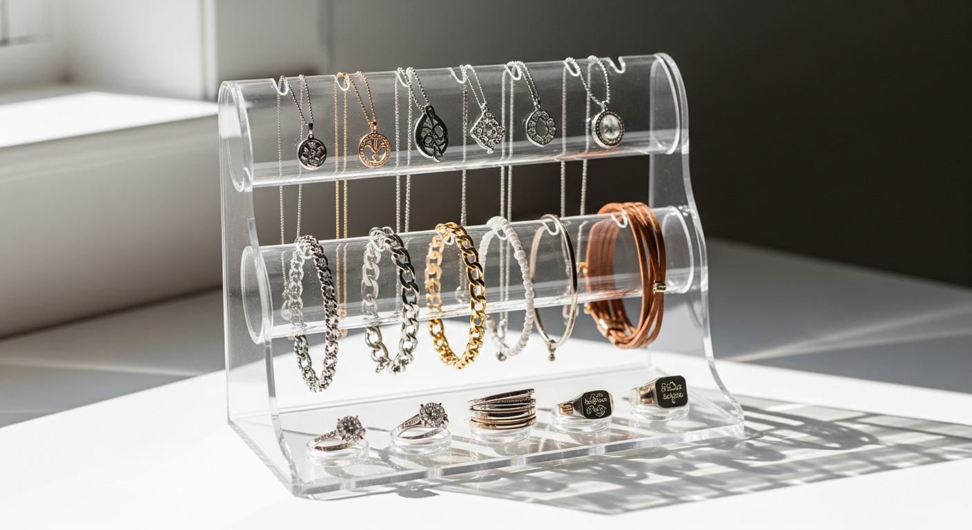 OrnaPegma 3-Tier Acrylic Jewelry Organizer Stand displaying organized necklaces, earrings, and bracelets
