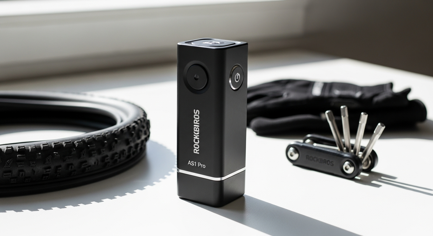 ROCKBROS AS1 Pro Mini Electric Bike Pump displayed with digital display and charging cable