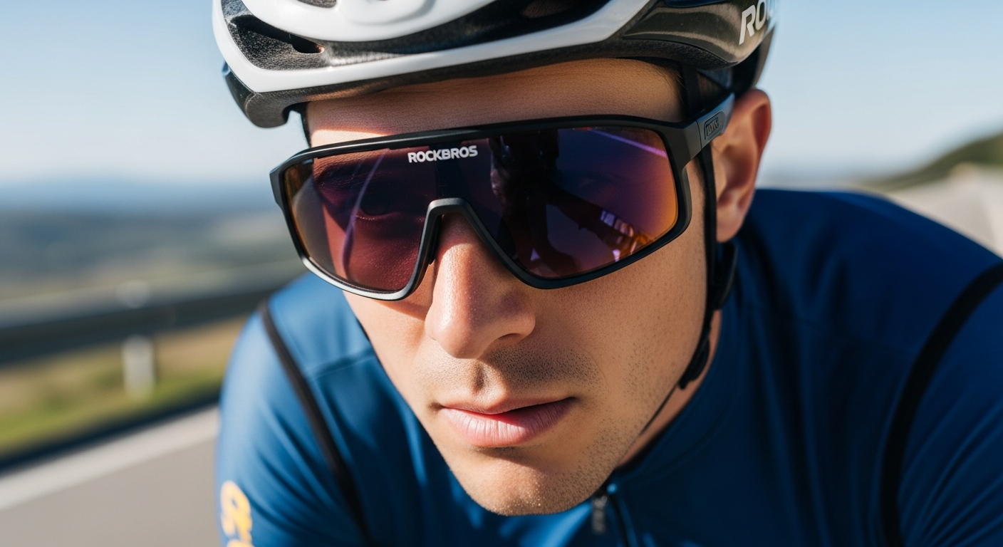 ROCKBROS photochromic cycling sunglasses with adaptive lenses on cyclist