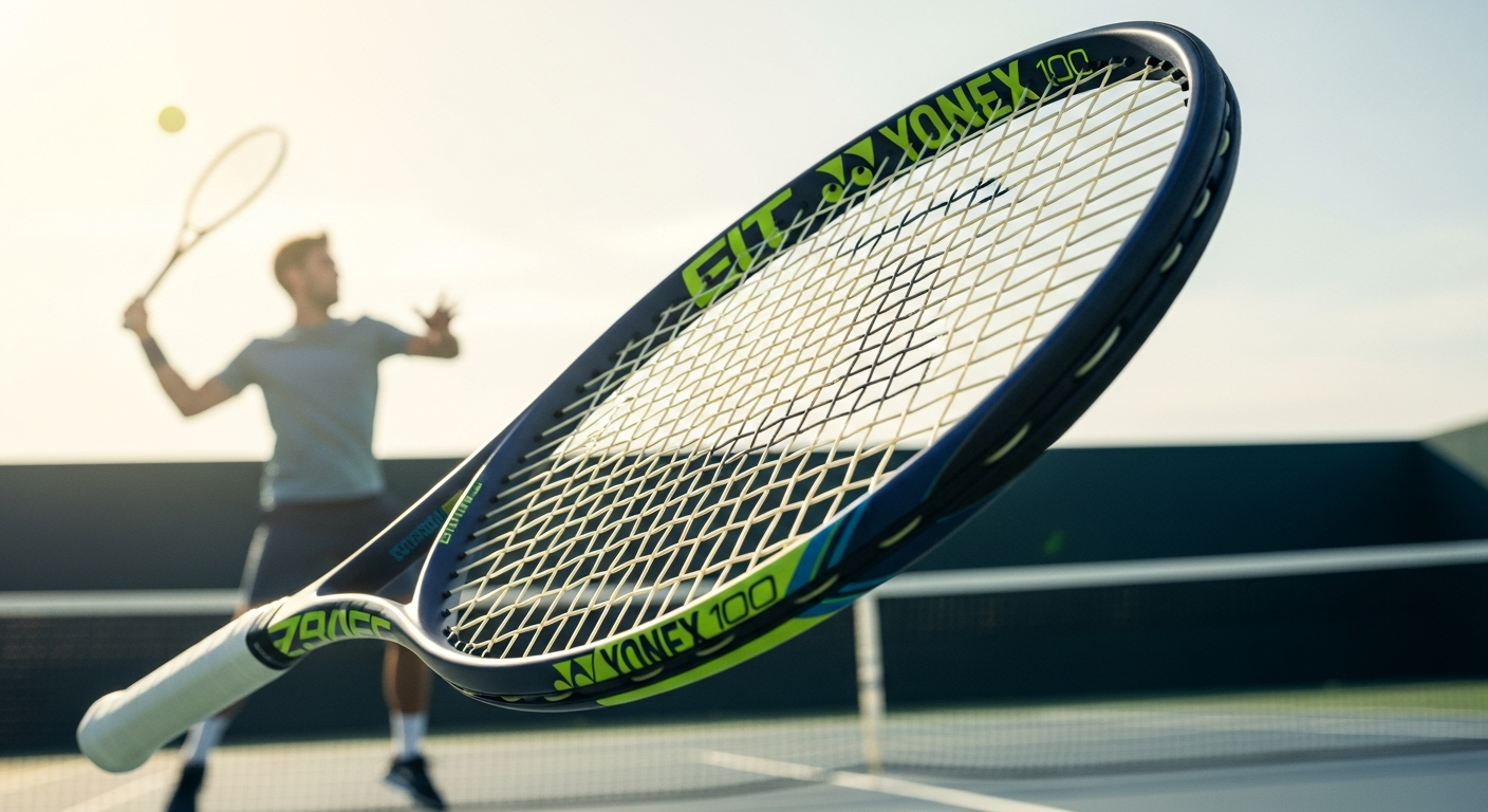 Yonex EZONE 100 tennis racquet displayed on professional court surface