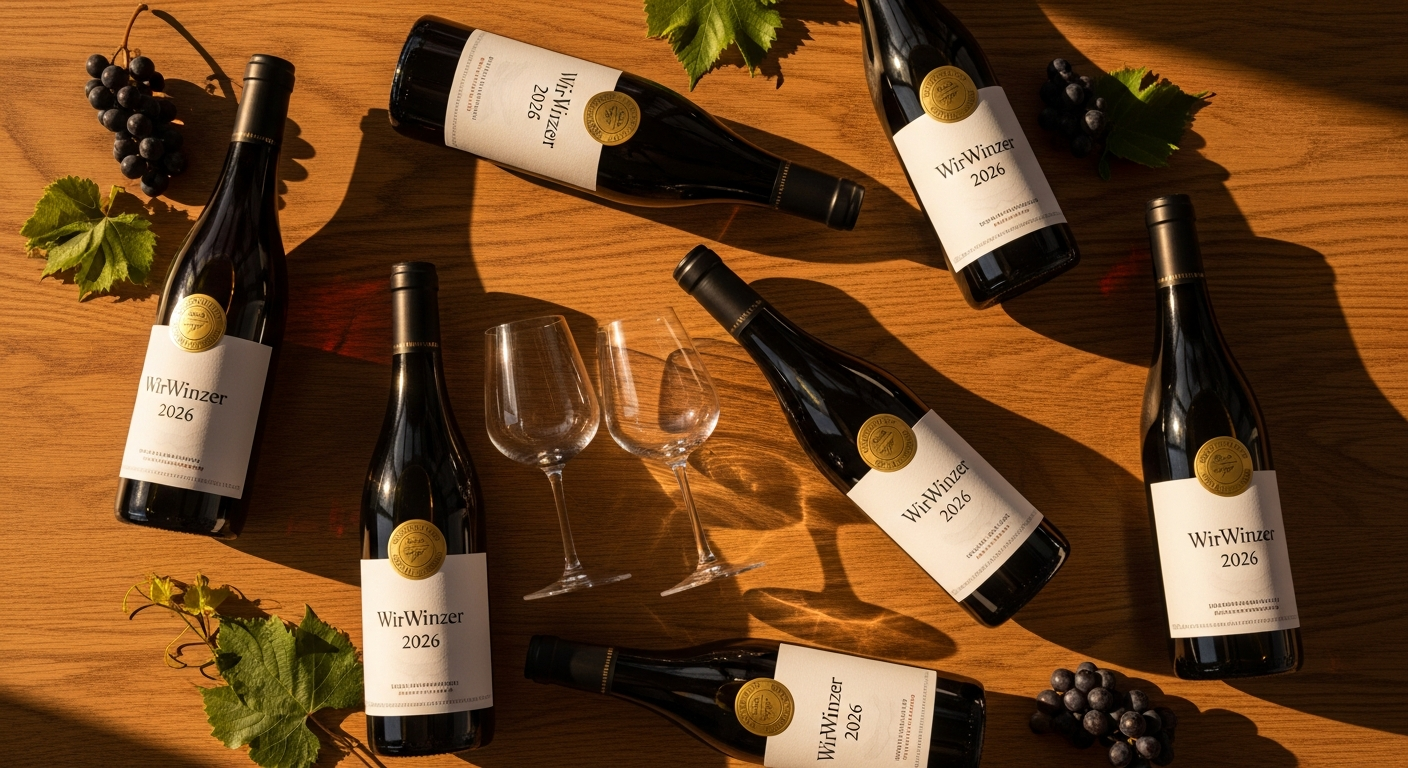 Six premium wine bottles from Italy, Austria, France and Spain arranged together representing the WirWinzer International Bestseller Wine Package