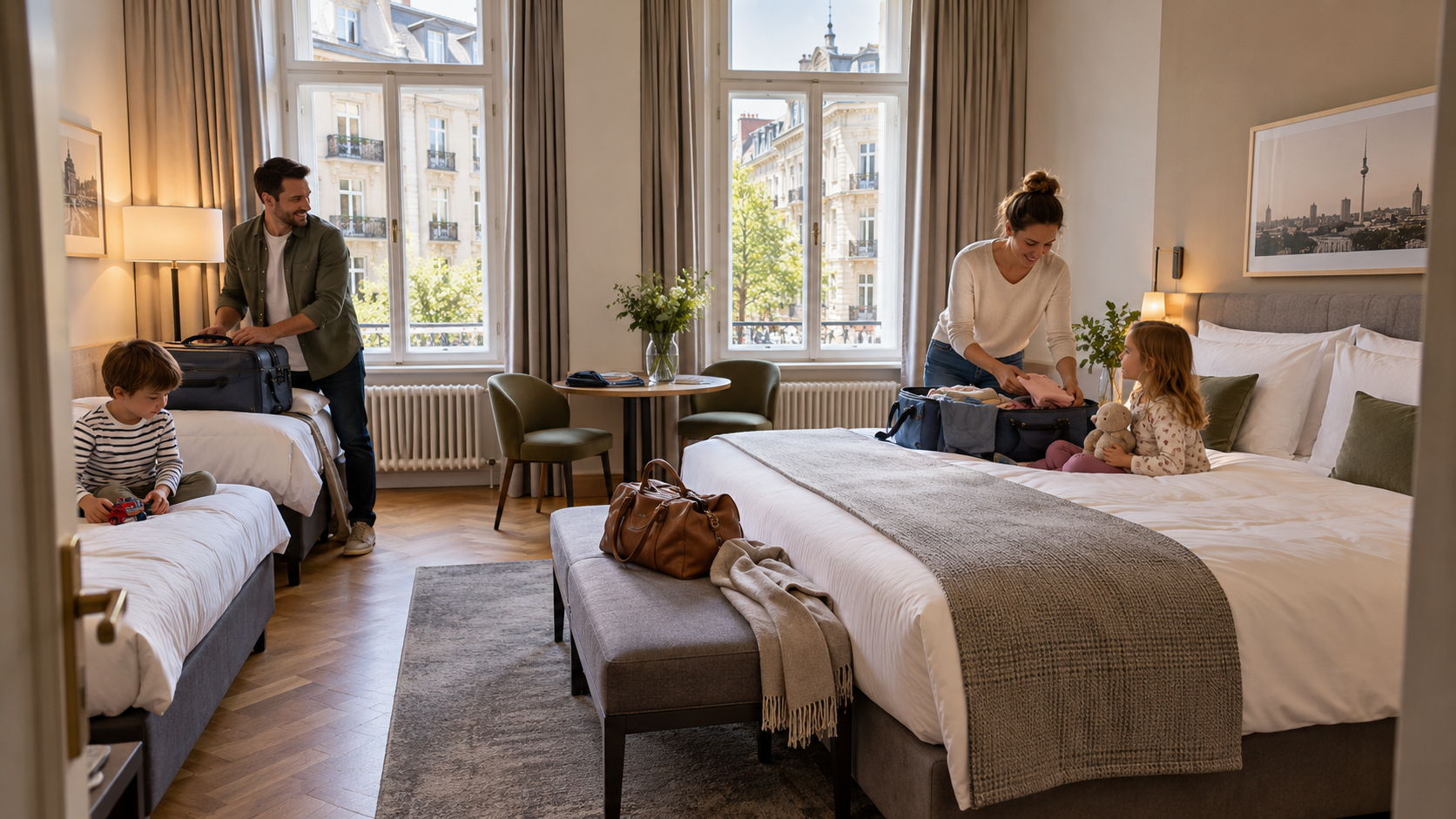 Family-friendly accommodation in Berlin featuring a spacious, comfortable room with cozy beds and modern amenities for families traveling with children.
