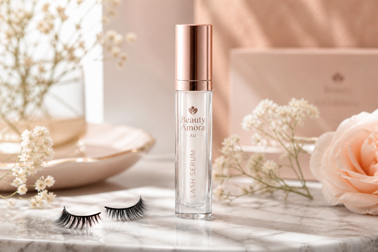 Beauty Amora AU lash serum bottle with precision applicator on white background