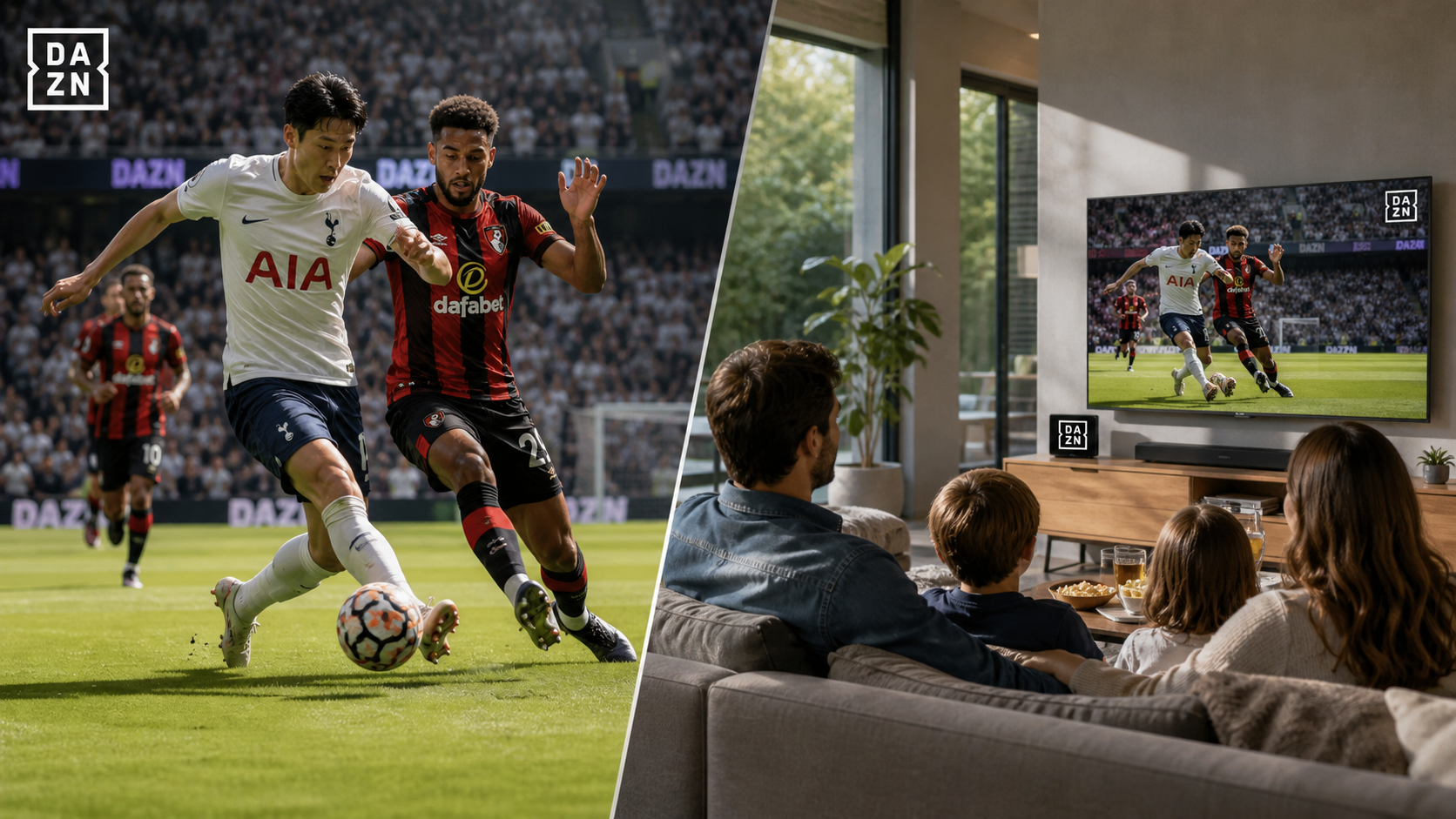 DAZN DACH sports streaming app interface showing live football match on smart TV screen