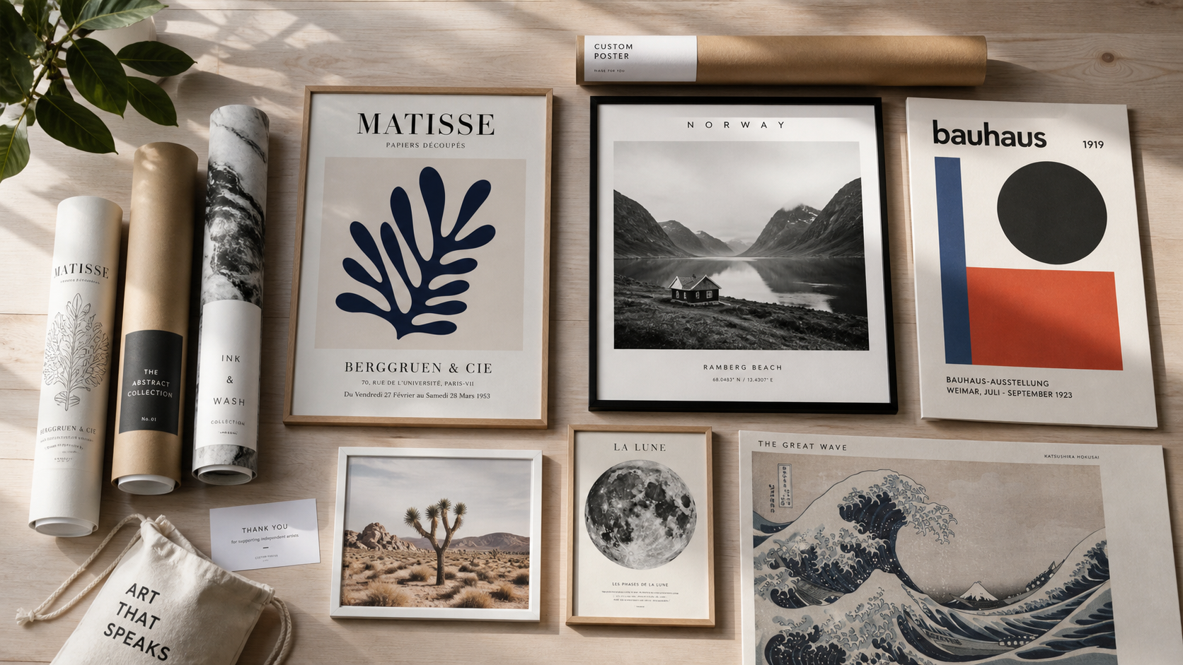 Custom poster prints displayed on living room wall showing personalized photo art