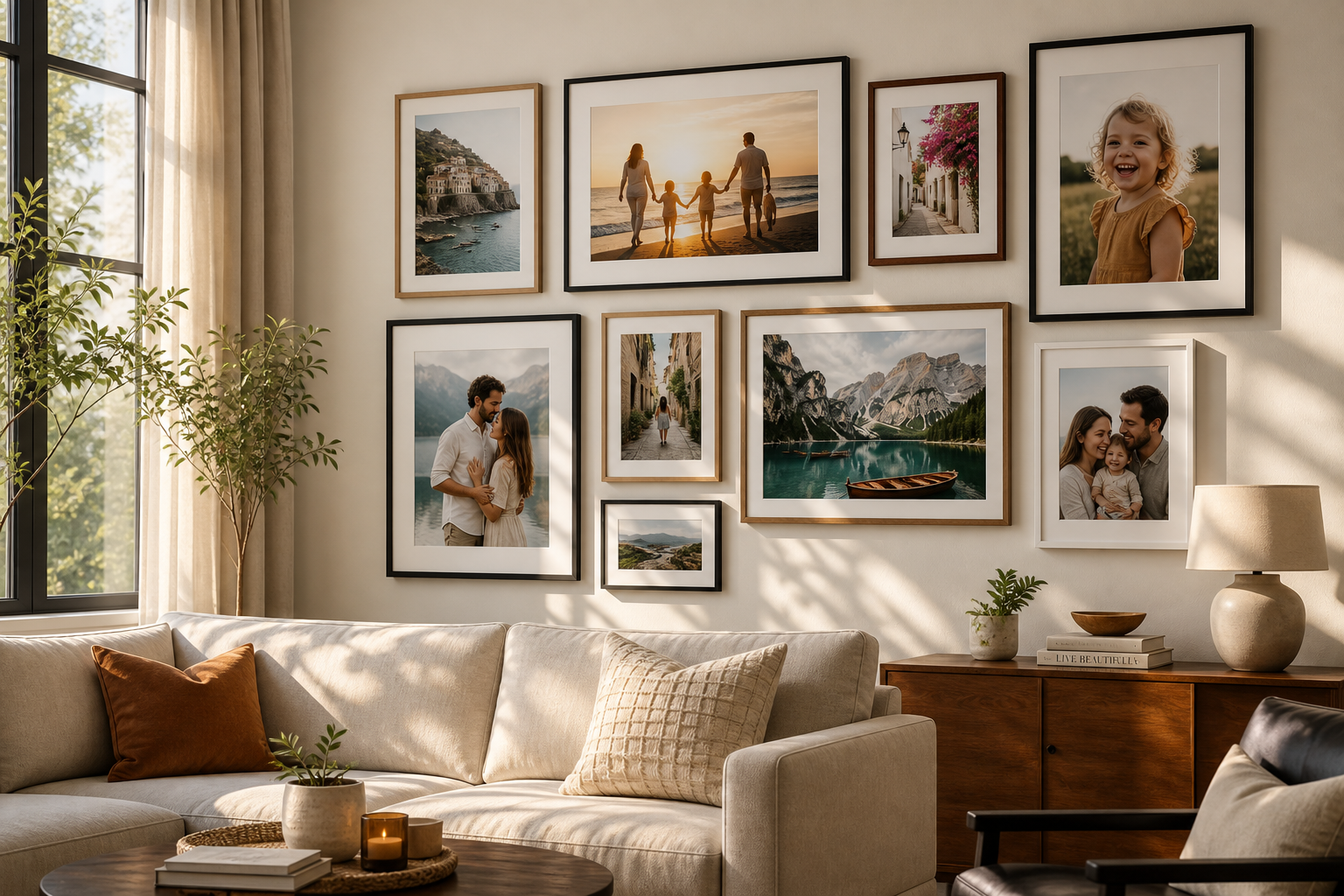 Personalized photo wall art displaying custom canvas prints in modern home interior