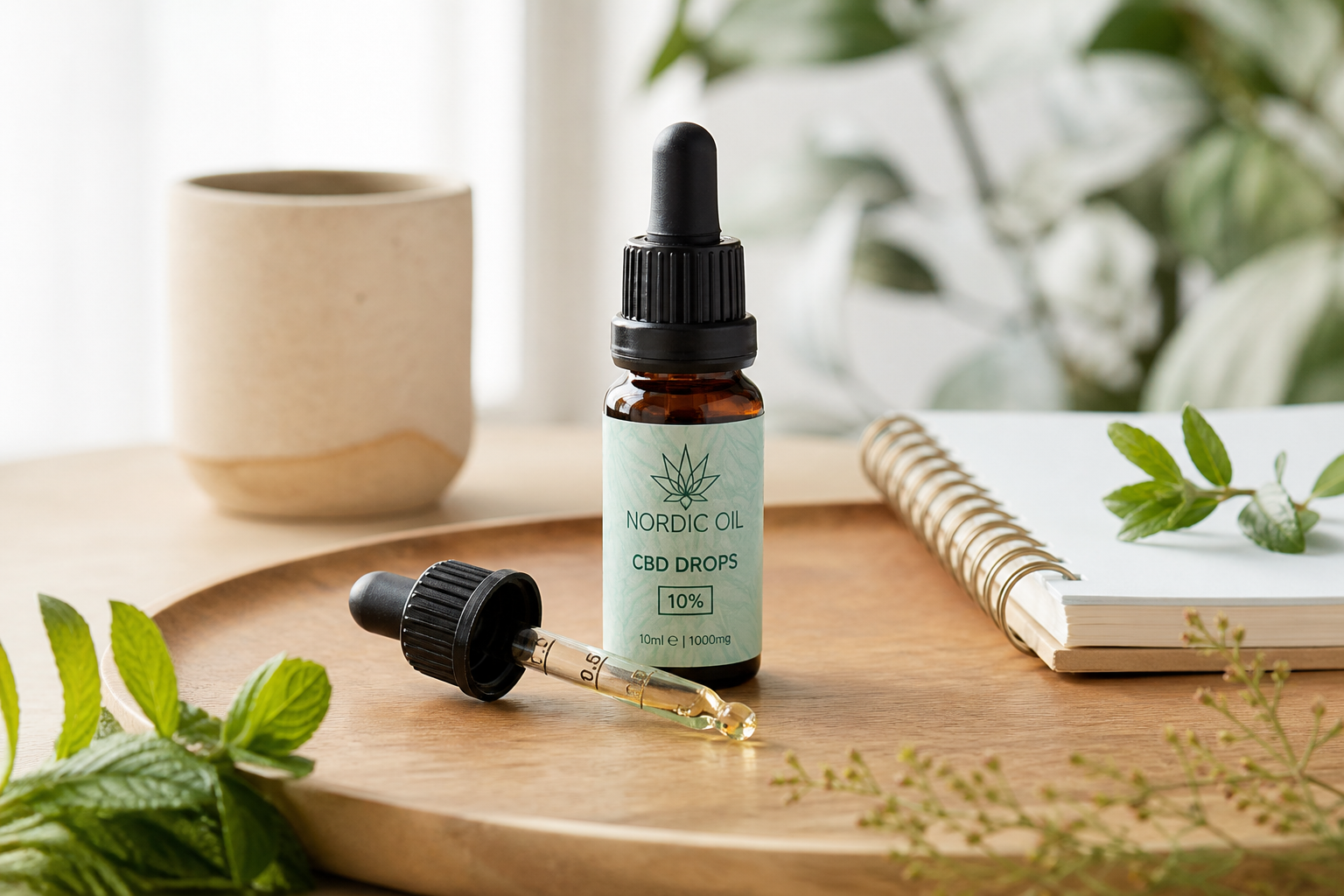 Nordic Oil CBD Öl 10% bottle with dropper on wellness background