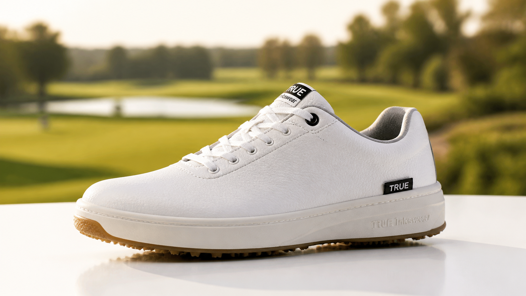 TRUE linkswear Original G Golf Shoe displayed on grass course fairway